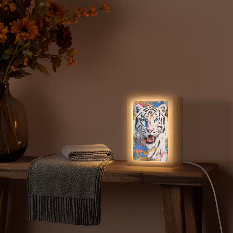 Street art - Tijger - Wit - Graffiti - Dieren Light Box met kabel (Tafellamp) klein -sfeer4