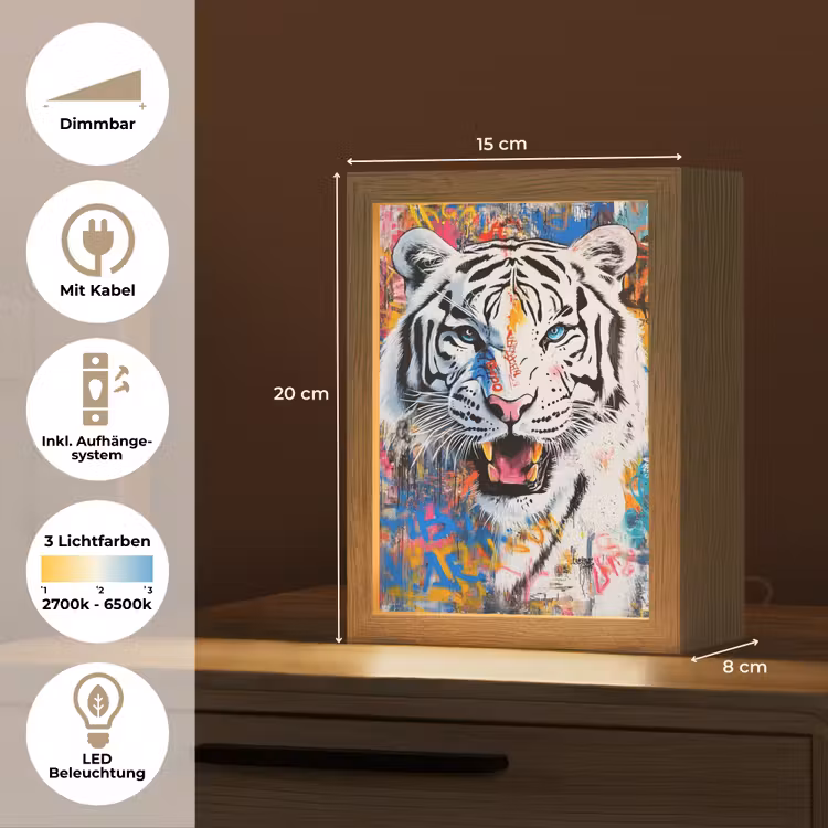 Street art - Tijger - Wit - Graffiti - Dieren Light Box met kabel (Tafellamp) klein -USP_DE