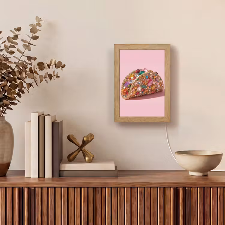 Taco - Kleurrijk - Edelstenen - Goud Light Box met kabel (Tafellamp) klein -sfeer2