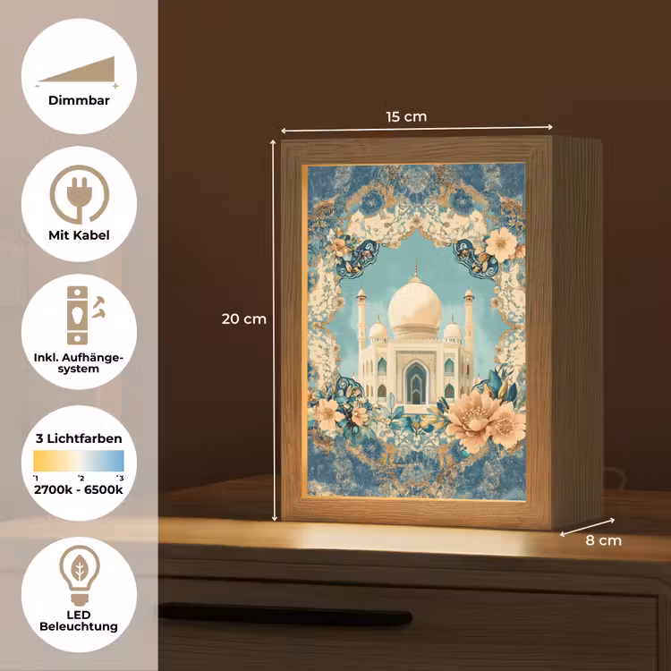 Taj Mahal - Ramadan - Bloemen - Islamitische Light Box met kabel (Tafellamp) klein -USP_DE