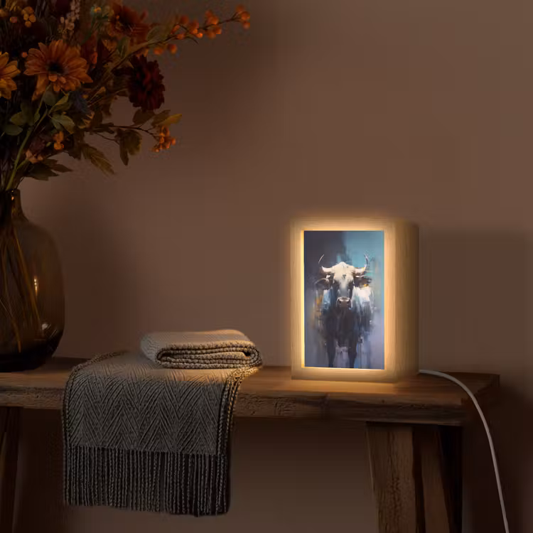 Stier - Zwart - Abstract - Horens Light Box met kabel (Tafellamp) klein -sfeer4