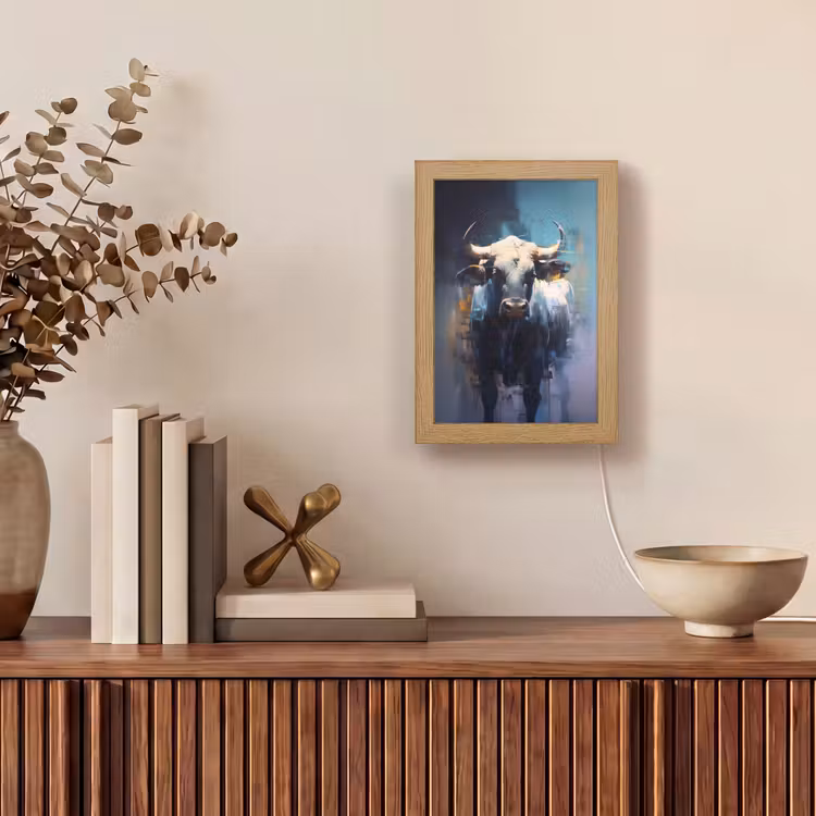 Stier - Zwart - Abstract - Horens Light Box met kabel (Tafellamp) klein -sfeer2