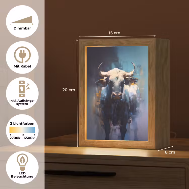 Stier - Zwart - Abstract - Horens Light Box met kabel (Tafellamp) klein -USP_DE