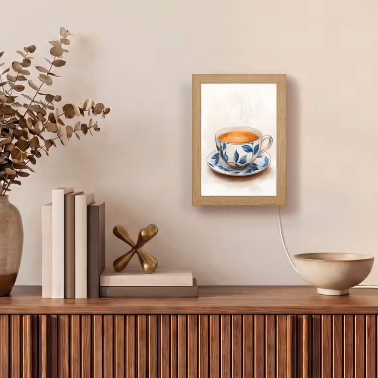 Theekop - Bladeren - Blauw Light Box met kabel (Tafellamp) klein -sfeer2