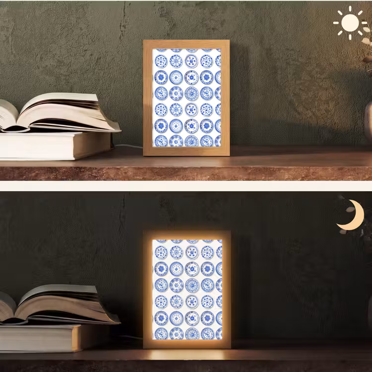 Borden - Bloemen - Patroon - Blauw Light Box met kabel (Tafellamp) klein 925 -sfeer3
