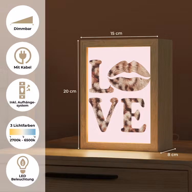 Tekst - Love - Pantervacht - Lichtroze Light Box met kabel (Tafellamp) klein -USP_DE