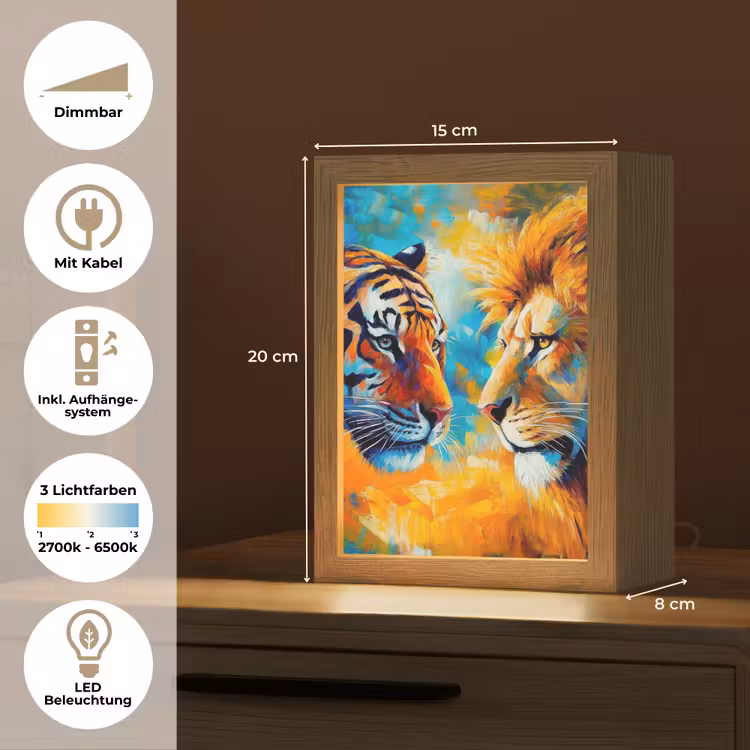 Dieren - Kunst - Leeuw - Tijger Light Box met kabel (Tafellamp) klein -USP_DE
