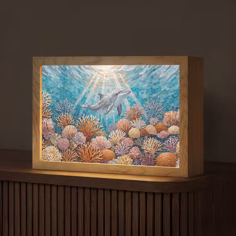 Dieren - Mozaïek - Oceaan - Koraal - Blauw Light Box met kabel (Tafellamp) klein -z3d_website