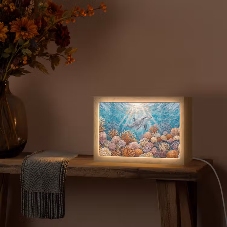 Dieren - Mozaïek - Oceaan - Koraal - Blauw Light Box met kabel (Tafellamp) klein -sfeer4
