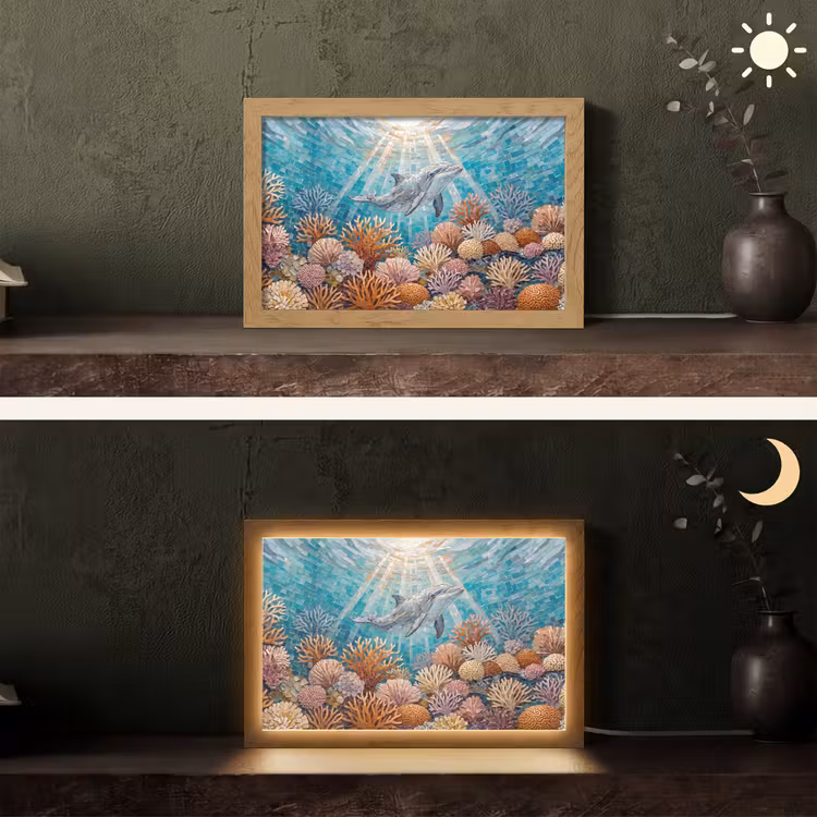 Dieren - Mozaïek - Oceaan - Koraal - Blauw Light Box met kabel (Tafellamp) klein -sfeer3