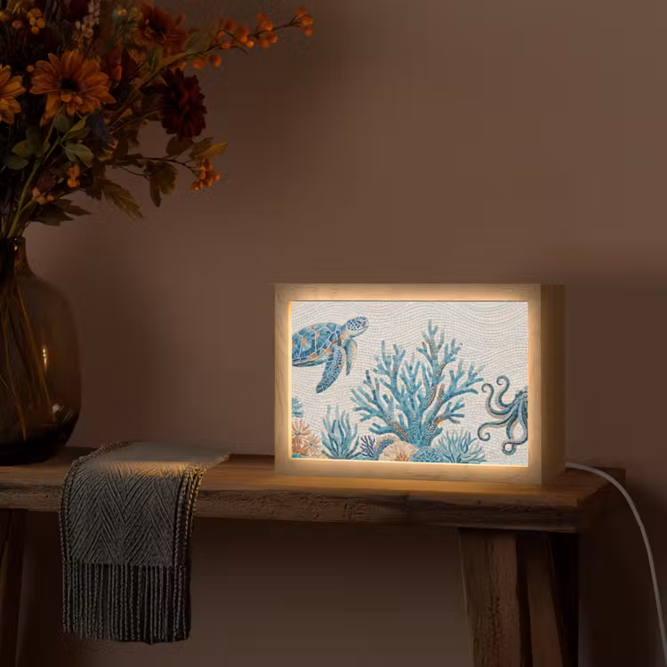 Dieren - Onderwater - Natuur - Mozaïek - Blauw Light Box met kabel (Tafellamp) klein -sfeer4