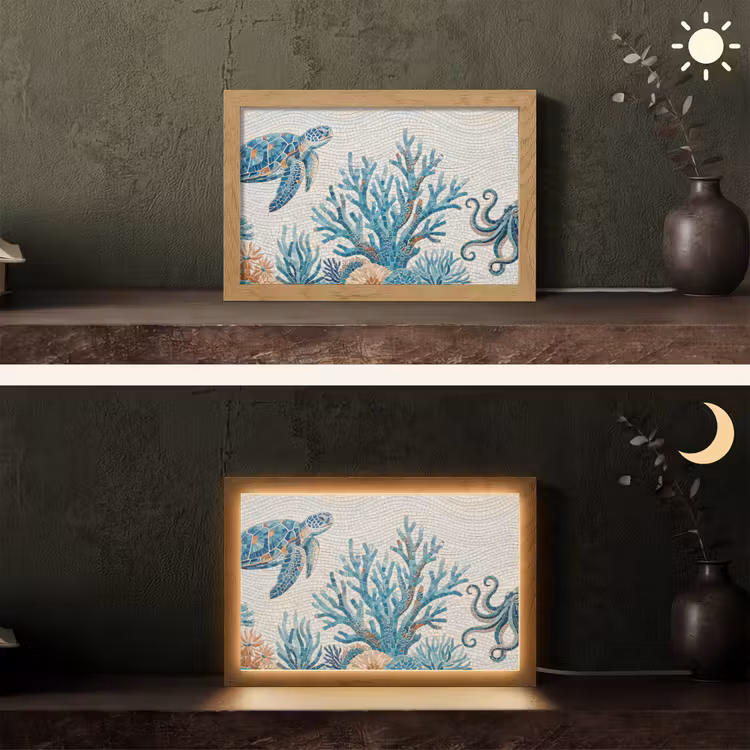 Dieren - Onderwater - Natuur - Mozaïek - Blauw Light Box met kabel (Tafellamp) klein -sfeer3