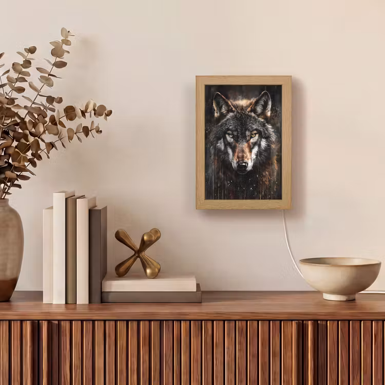 Dieren - Wolf - Portret - Zwart - Bruin Light Box met kabel (Tafellamp) klein -sfeer2