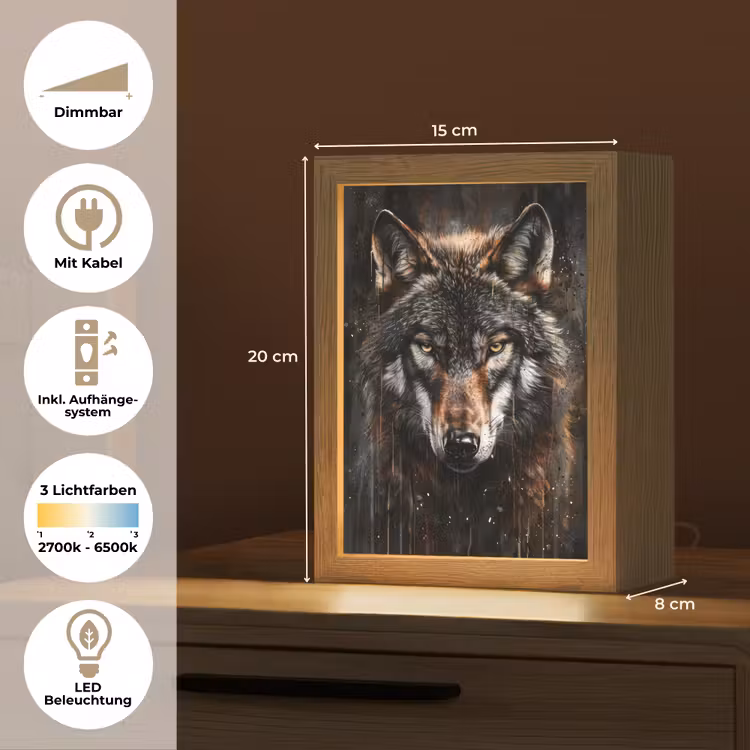 Dieren - Wolf - Portret - Zwart - Bruin Light Box met kabel (Tafellamp) klein -USP_DE