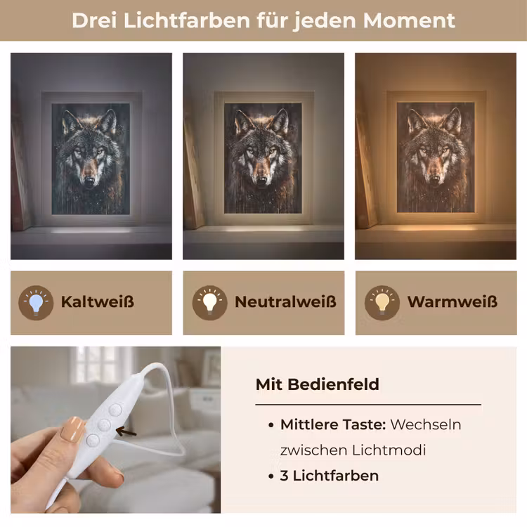 Dieren - Wolf - Portret - Zwart - Bruin Light Box met kabel (Tafellamp) klein -USP_lichtkleurDE