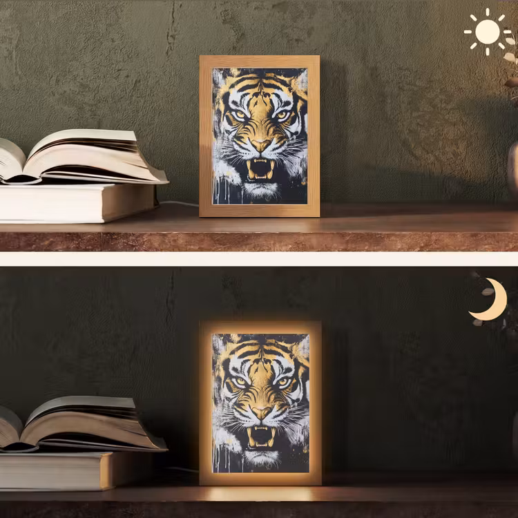Tijger - Verfspatten - Goud Light Box met kabel (Tafellamp) klein -sfeer3