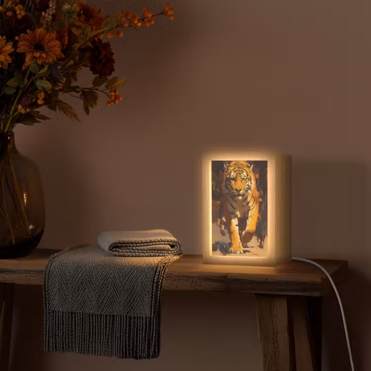 Tijger - Geschilderd - Oranje - Penseelstreken Light Box met kabel (Tafellamp) klein -sfeer4