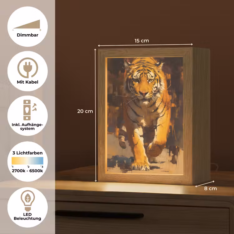 Tijger - Geschilderd - Oranje - Penseelstreken Light Box met kabel (Tafellamp) klein -USP_DE
