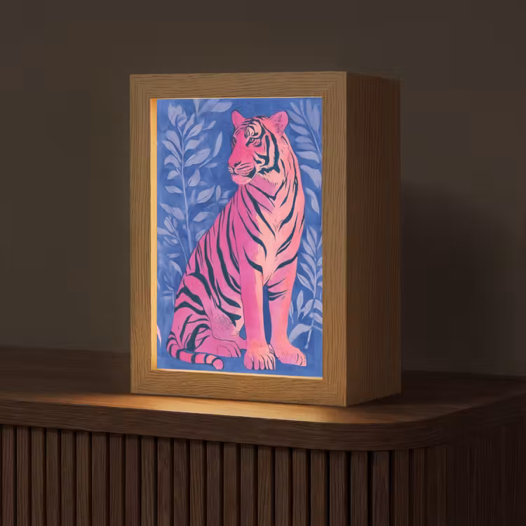 Tijger - Roze - Bladeren - Jungle Light Box met kabel (Tafellamp) klein -z3d_website