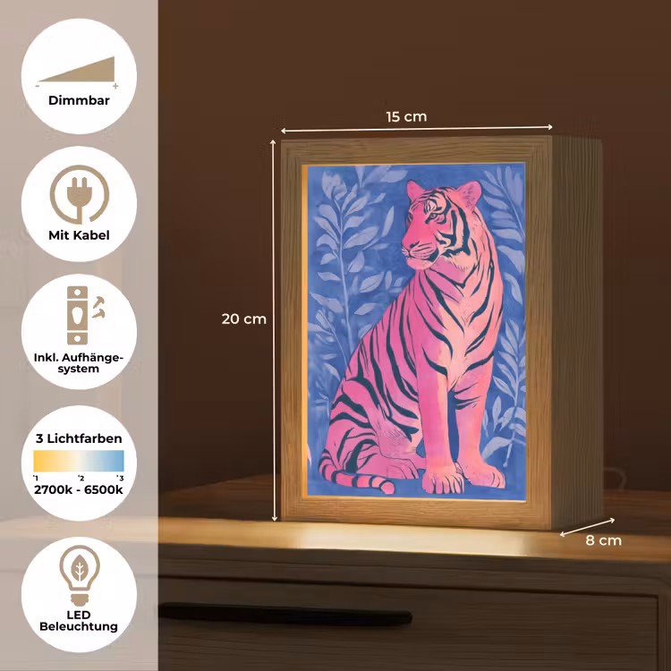 Tijger - Roze - Bladeren - Jungle Light Box met kabel (Tafellamp) klein -USP_DE