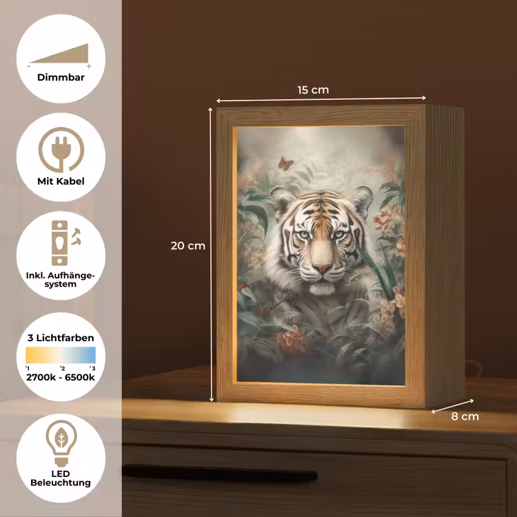 Tijger - Vlinders - Dieren - Jungle - Bloemen Light Box met kabel (Tafellamp) klein -USP_DE