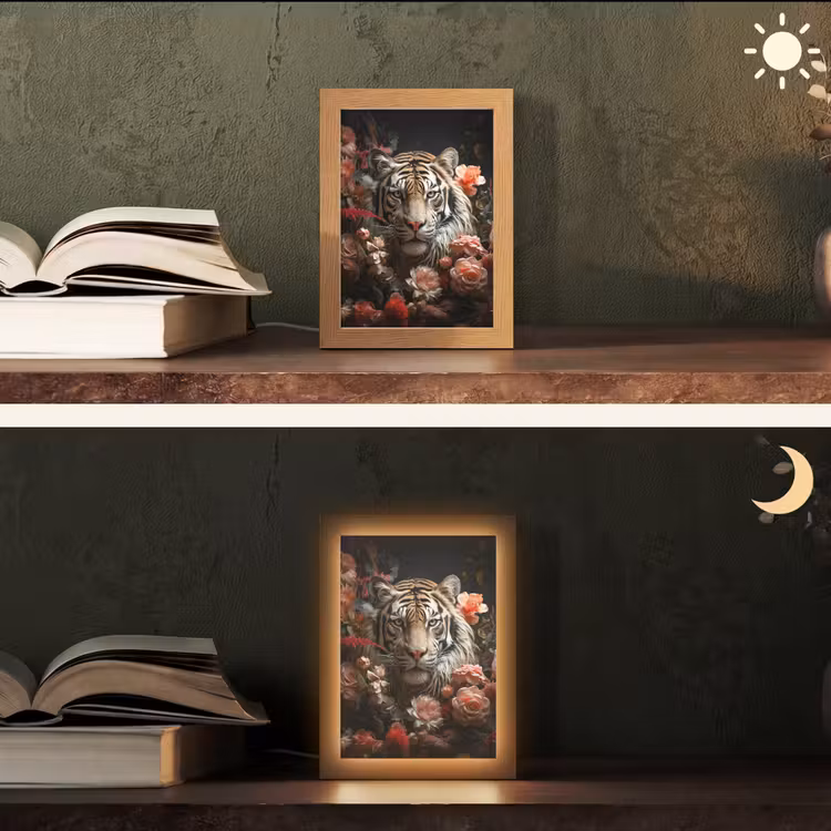 Tijger - Dier - Natuur - Bloemen - Botanisch Light Box met kabel (Tafellamp) klein -sfeer3