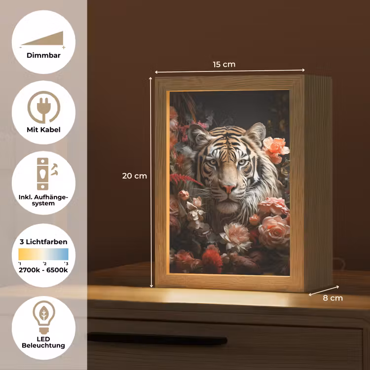 Tijger - Dier - Natuur - Bloemen - Botanisch Light Box met kabel (Tafellamp) klein -USP_DE