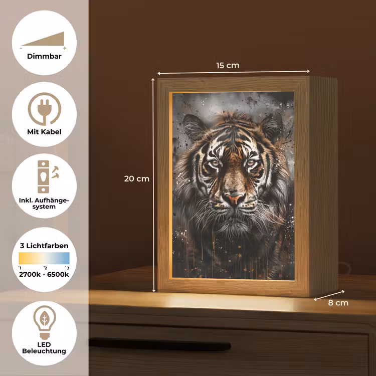 Tijger - Dieren - Portret - Luxe - Zwart Light Box met kabel (Tafellamp) klein -USP_DE