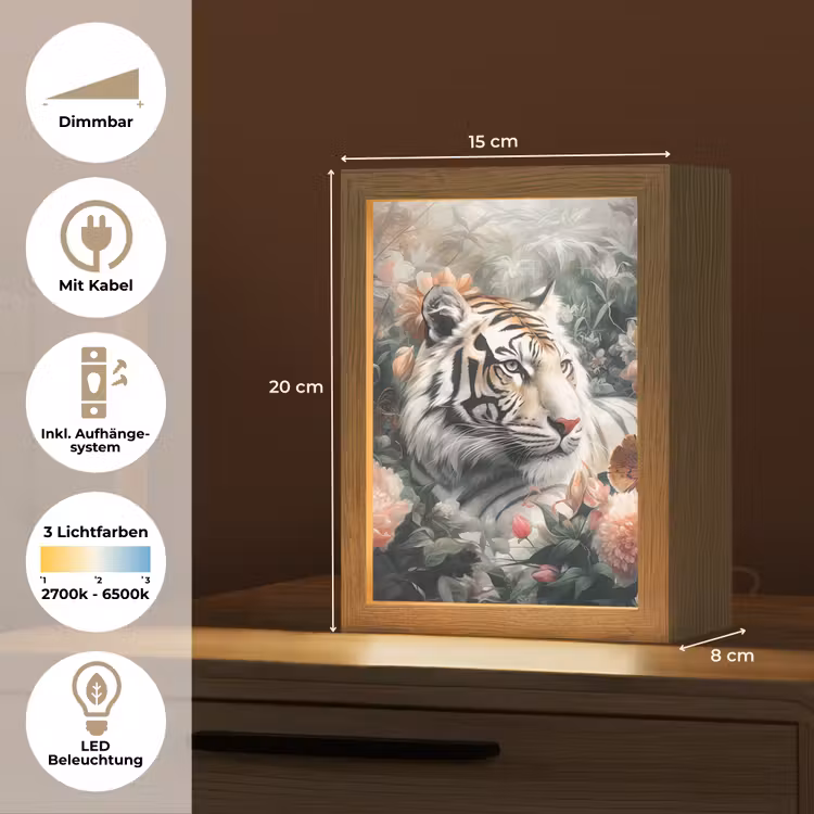Tijger - Wilde dieren - Bloemen - Jungle Light Box met kabel (Tafellamp) klein -USP_DE