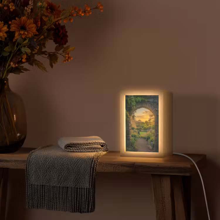 Poort - Planten - Zonsondergang Light Box met kabel (Tafellamp) klein -sfeer4