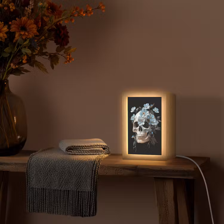 Schedel - Blauw - Bloemen - Bladeren Light Box met kabel (Tafellamp) klein -sfeer4