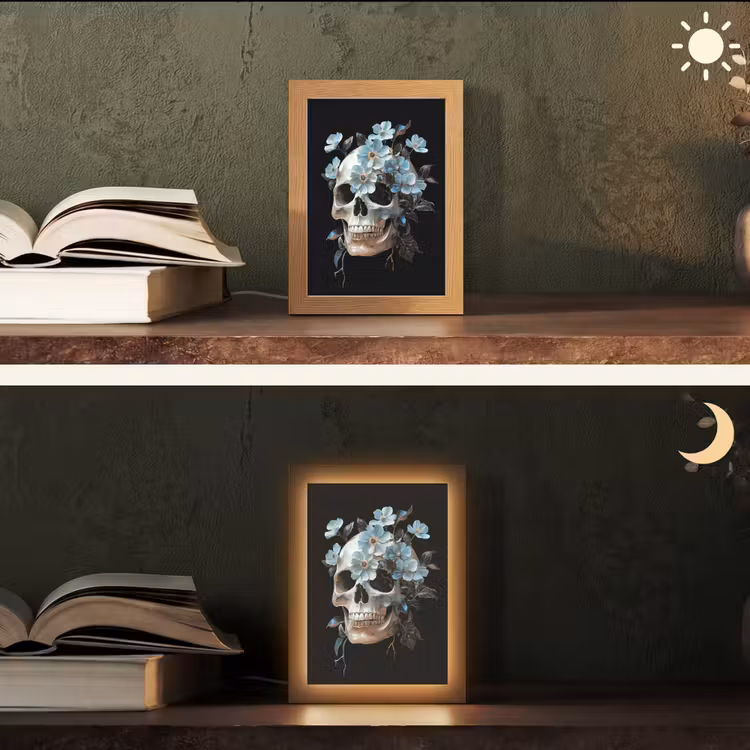 Schedel - Blauw - Bloemen - Bladeren Light Box met kabel (Tafellamp) klein -sfeer3