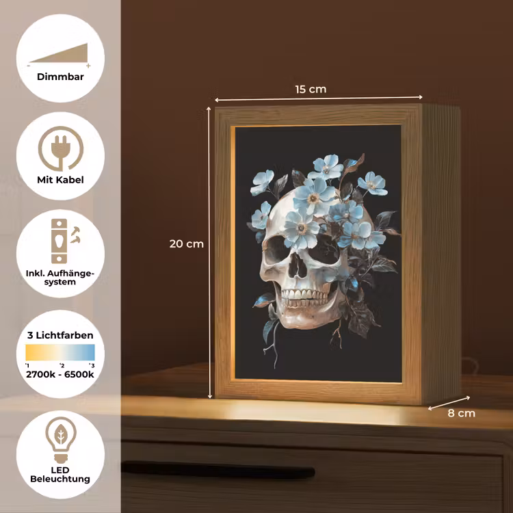 Schedel - Blauw - Bloemen - Bladeren Light Box met kabel (Tafellamp) klein -USP_DE