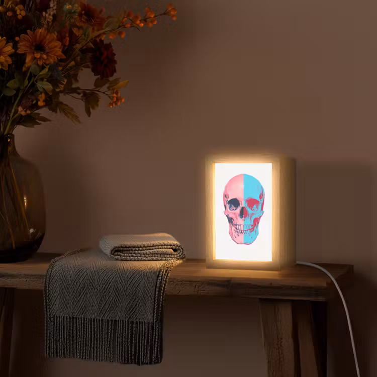 Schedel - Grafisch - Roze - Verdeeld Light Box met kabel (Tafellamp) klein -sfeer4