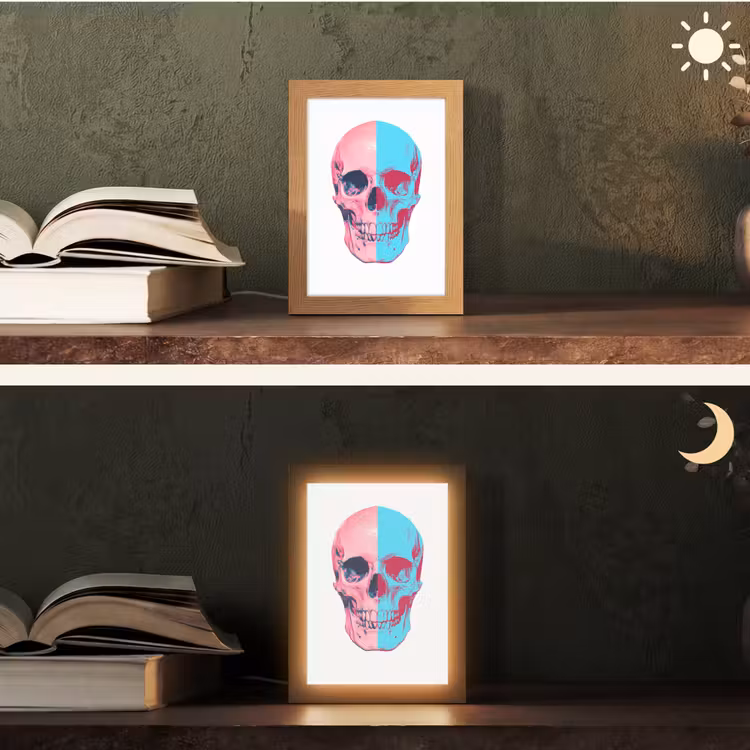 Schedel - Grafisch - Roze - Verdeeld Light Box met kabel (Tafellamp) klein -sfeer3