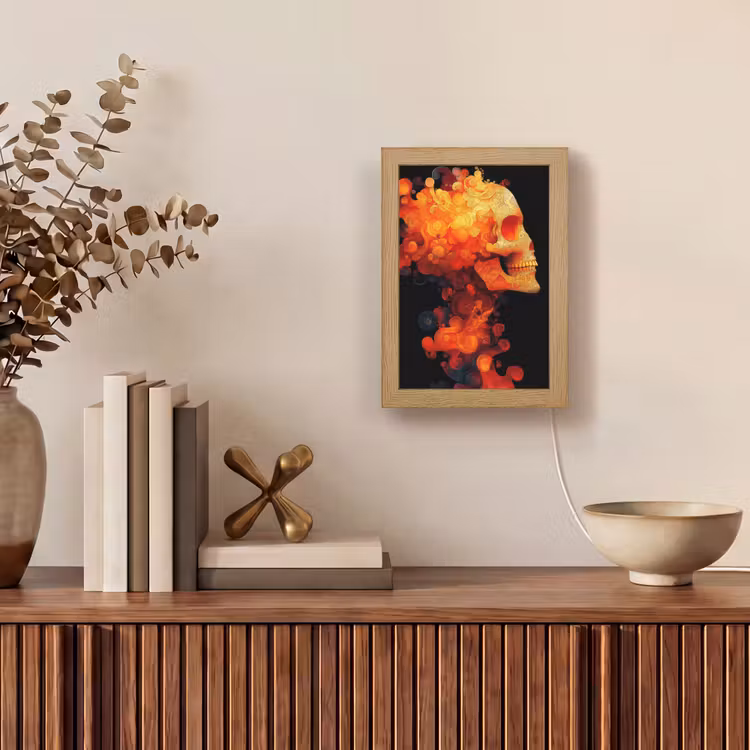 Schedel - Oranje - Zijaanzicht - Vlammen Light Box met kabel (Tafellamp) klein -sfeer2