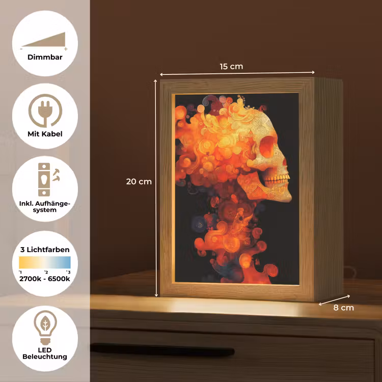 Schedel - Oranje - Zijaanzicht - Vlammen Light Box met kabel (Tafellamp) klein -USP_DE