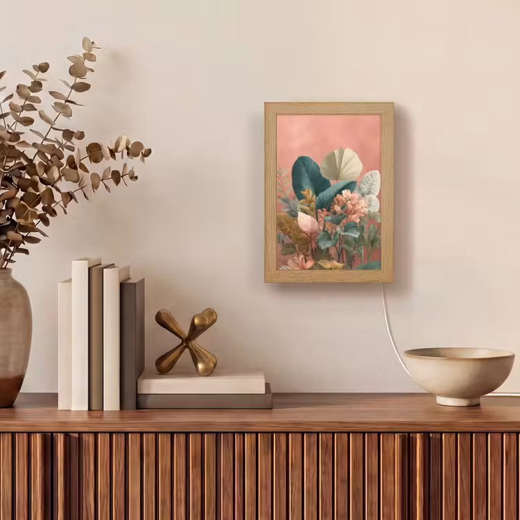 Tropische bladeren - Bloemen - Roze - groen Light Box met kabel (Tafellamp) klein -sfeer2