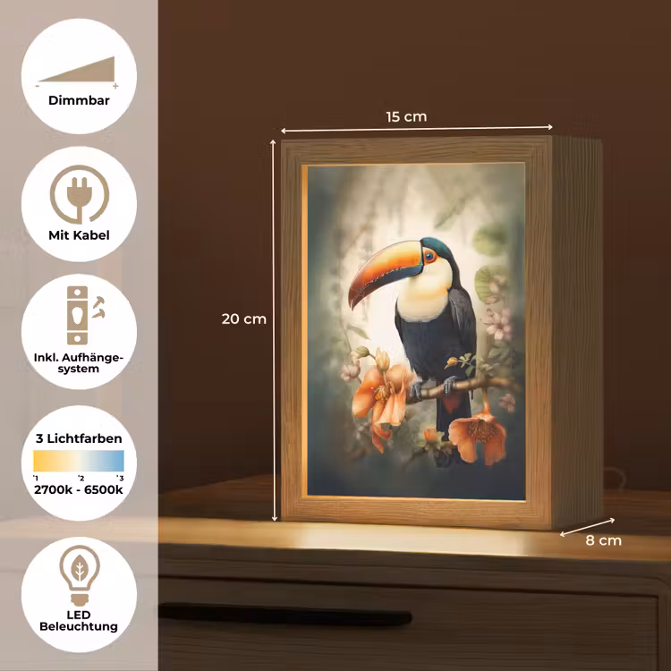 Toekan - Vogel - Bloemen - Planten Light Box met kabel (Tafellamp) klein -USP_DE