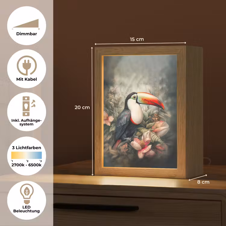 Toekan - Vogels - Bloemen - Planten - Tropisch Light Box met kabel (Tafellamp) klein -USP_DE