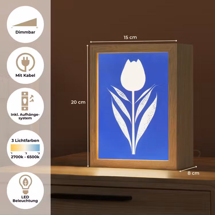 Tulp - Minimalistisch - Bladeren - Wit Light Box met kabel (Tafellamp) klein -USP_DE