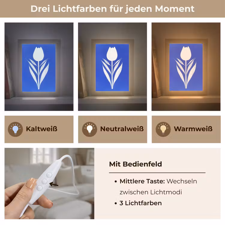 Tulp - Minimalistisch - Bladeren - Wit Light Box met kabel (Tafellamp) klein -USP_lichtkleurDE