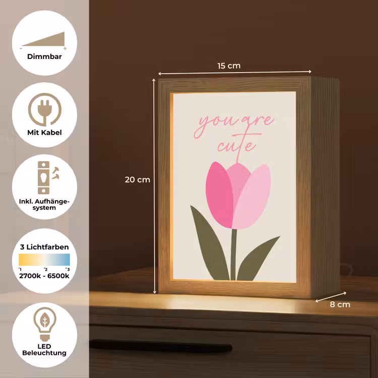 Tulp - Roze - Valentijn - Bloem Light Box met kabel (Tafellamp) klein -USP_DE