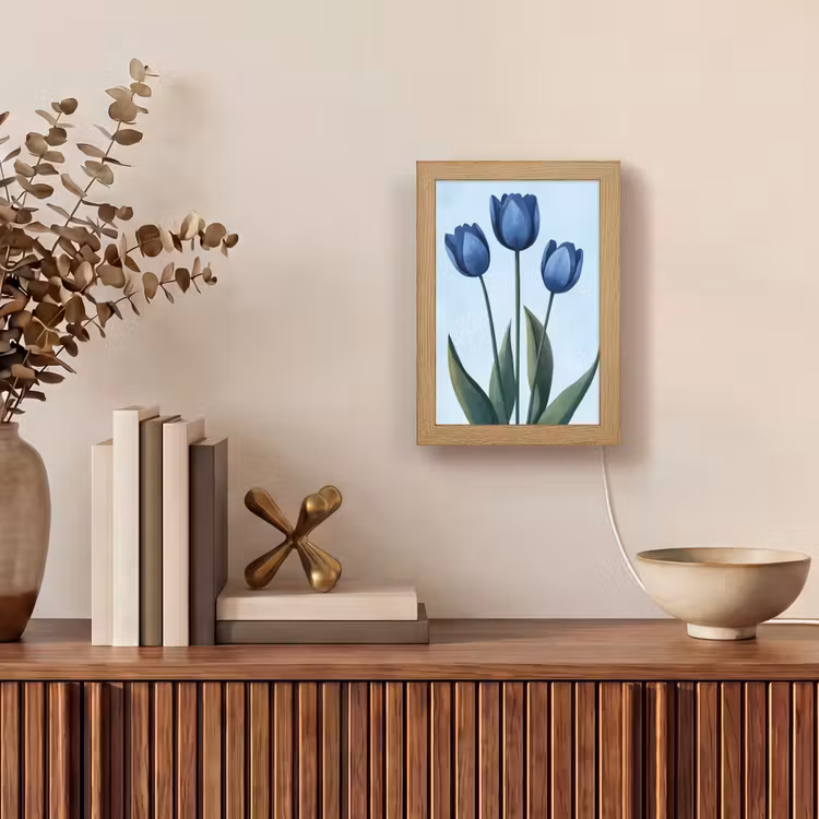 Tulpen - Blauw - Bladeren Light Box met kabel (Tafellamp) klein -sfeer2