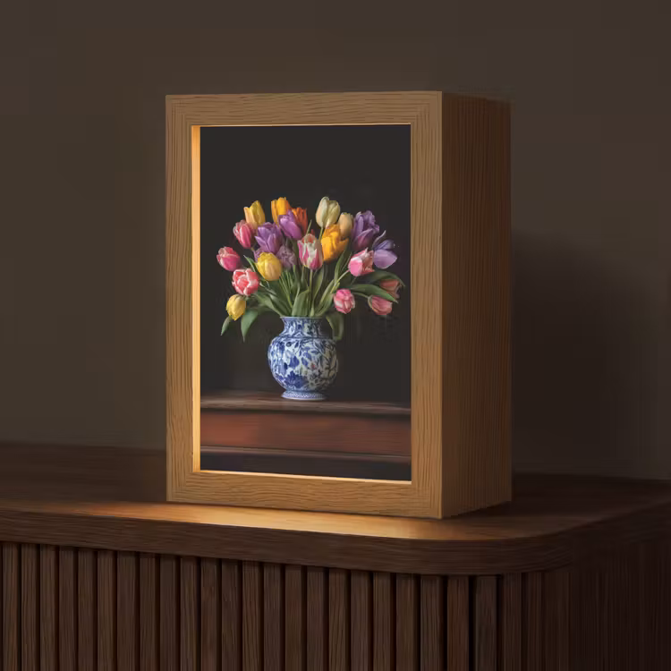 Tulpen - Kleuren - Hout - Vaas Light Box met kabel (Tafellamp) klein -z3d_website