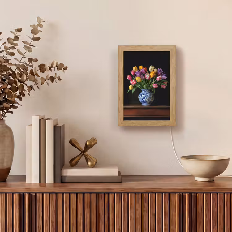 Tulpen - Kleuren - Hout - Vaas Light Box met kabel (Tafellamp) klein -sfeer2