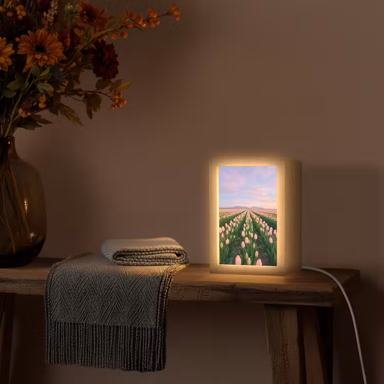 Tulpen - Landschap - Roze Light Box met kabel (Tafellamp) klein -sfeer4
