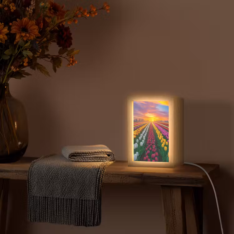 Tulpenveld - Zonsondergang - Kleurrijk Light Box met kabel (Tafellamp) klein -sfeer4