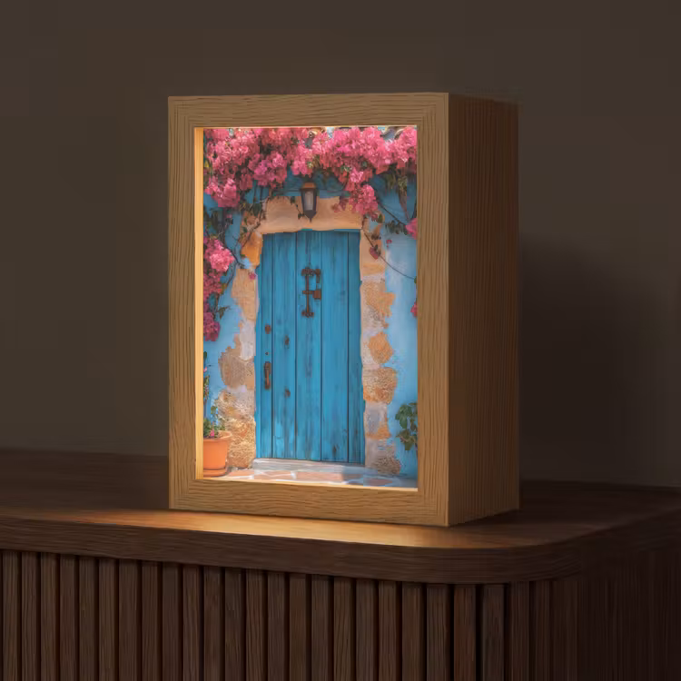 Deur - Hout - Bloemen - Blauw Light Box met kabel (Tafellamp) klein -z3d_website