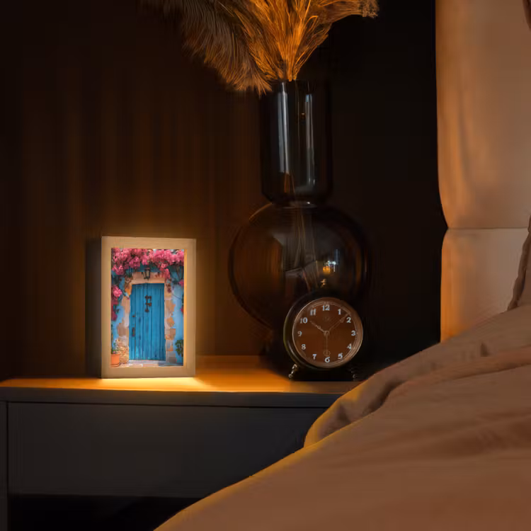 Deur - Hout - Bloemen - Blauw Light Box met kabel (Tafellamp) klein -sfeer1